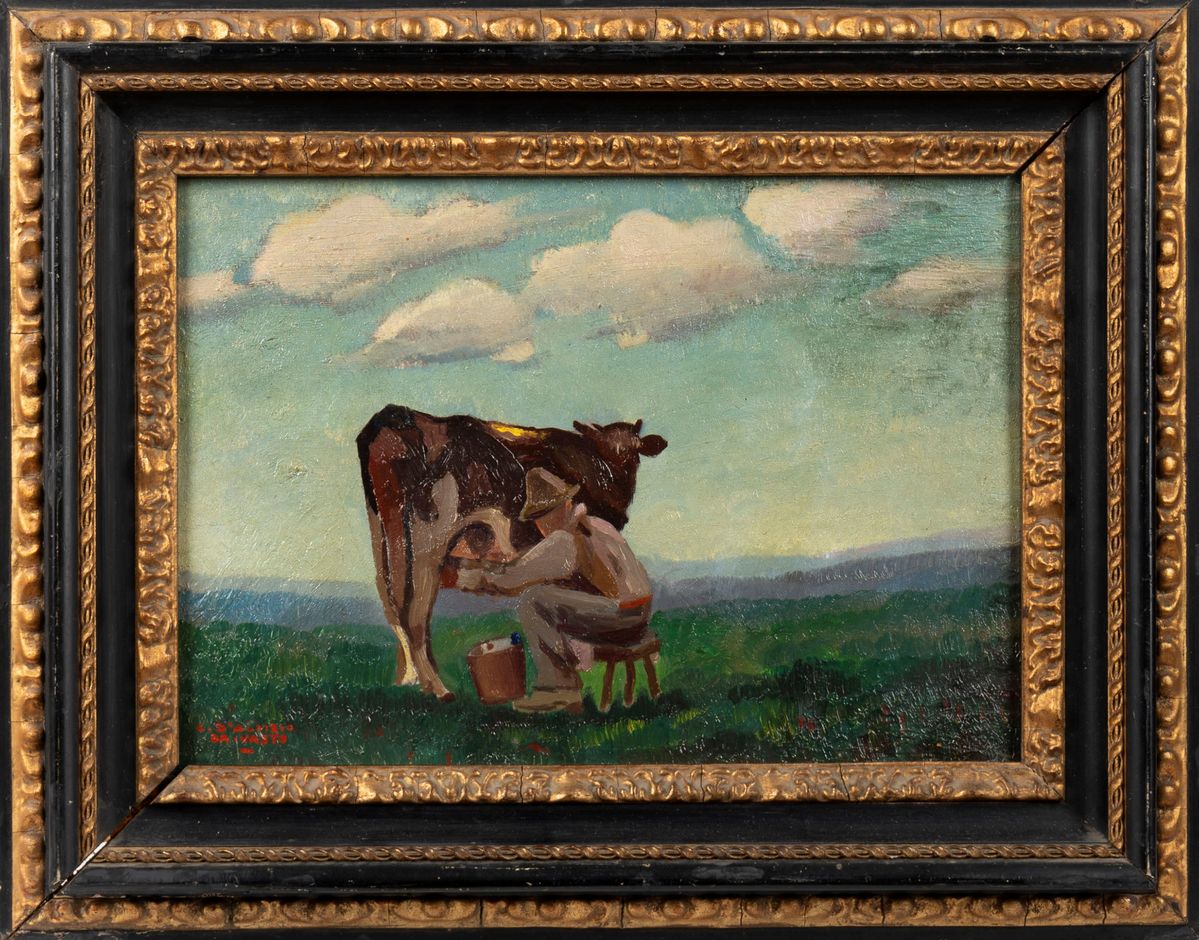 Carlo D'aloisio da Vasto - La mungitura, olio su cartone