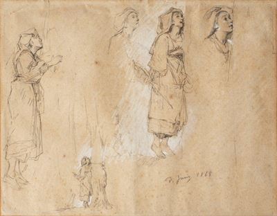 Studi di giovane popolana, carboncino e biacca su cartoncino