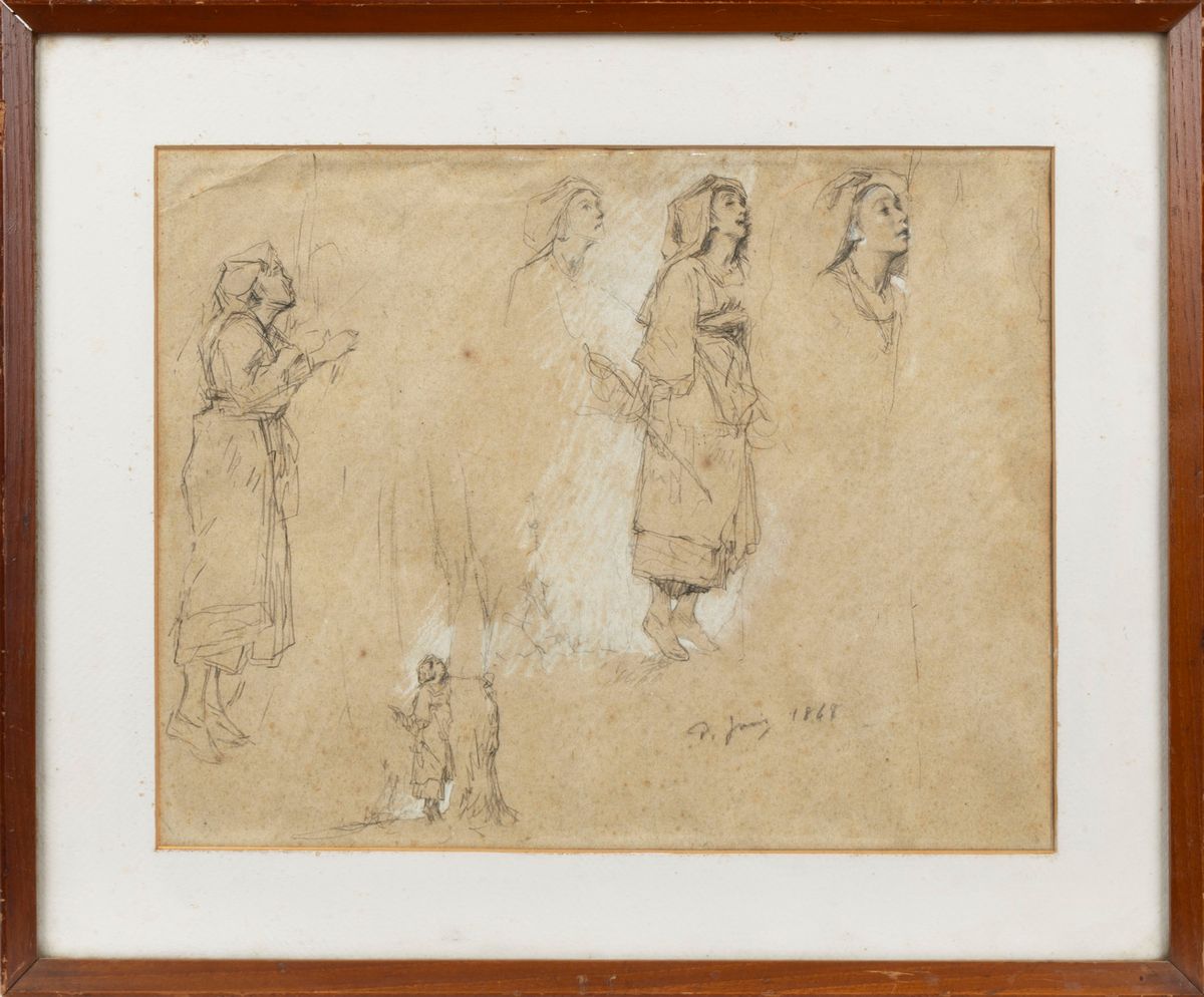 Pio Joris - Studi di giovane popolana, carboncino e biacca su cartoncino