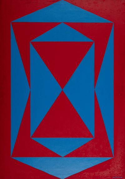 Senza titolo (Motivo della clessidra rosso e azzurro), olio su tela