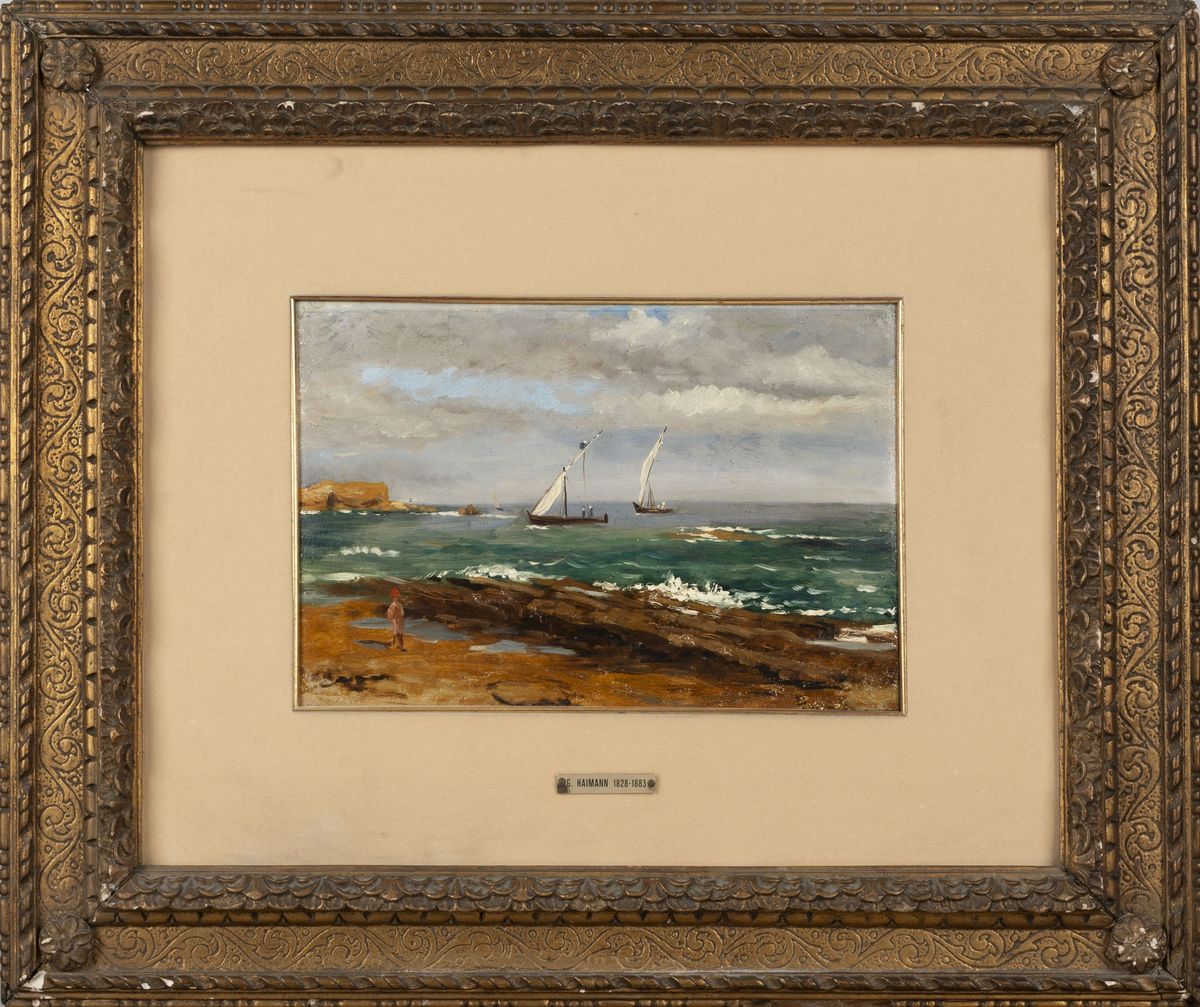 Giuseppe Haimann - Feluche in mare, olio su tela riportata su cartone