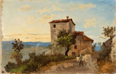 Casa colonica, olio su tela non intelaiata