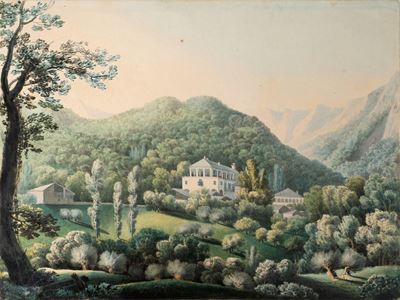 Autore ignoto, Veduta di Villa Francesetti, acquerello su cartoncino