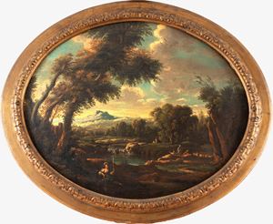 Scuola italiana, secolo XVII - Forest landscape with shepherdess