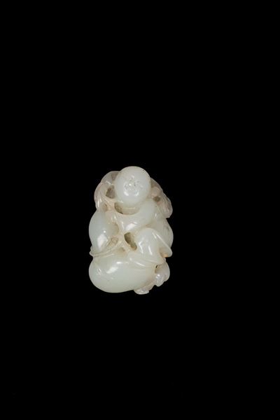 Scultura in giada bianca, bambino con doppia zucca, Cina, dinastia Qing, XIX secolo