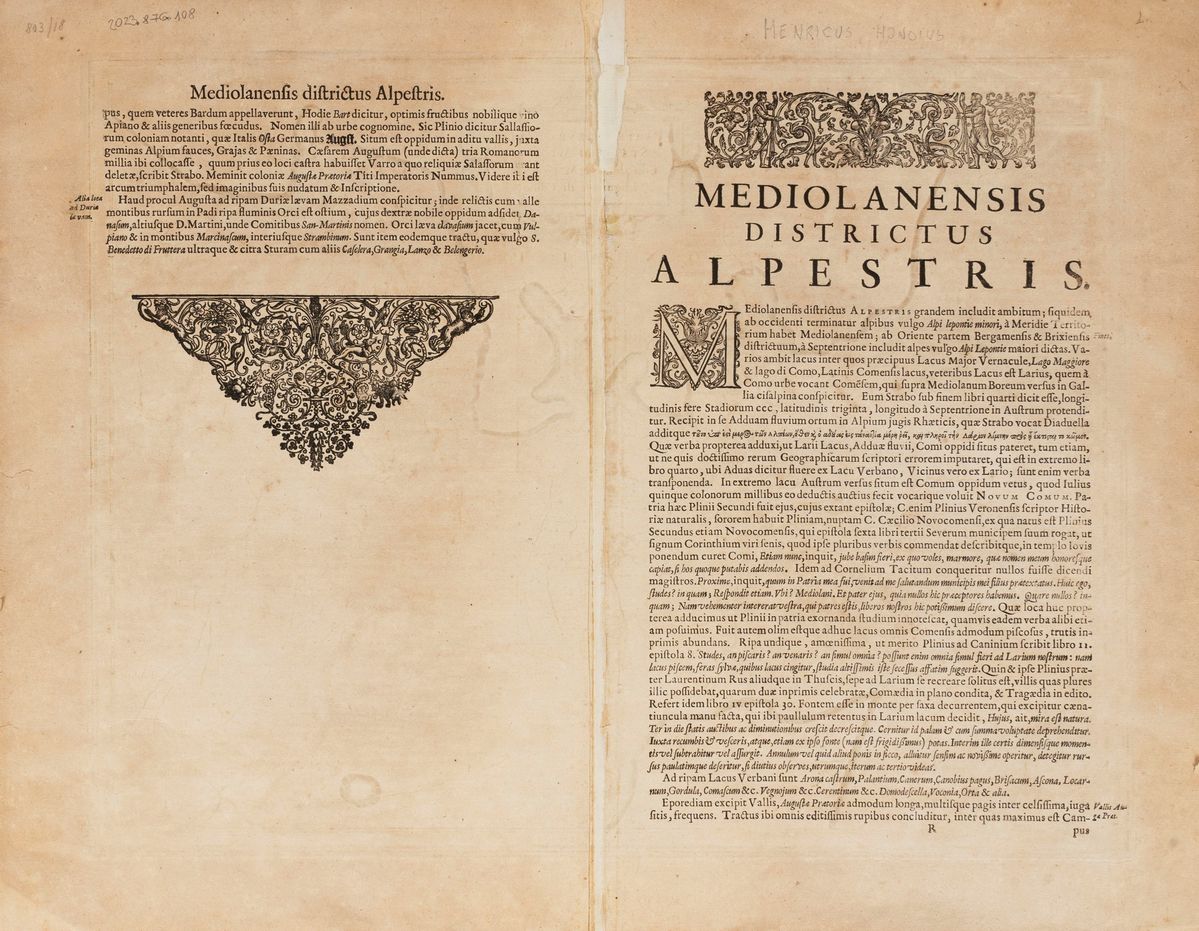 Henricus Hondius - Parte Alpestre dello Stato di Milano. con il Lago Maggiore di Lugano e di Como...