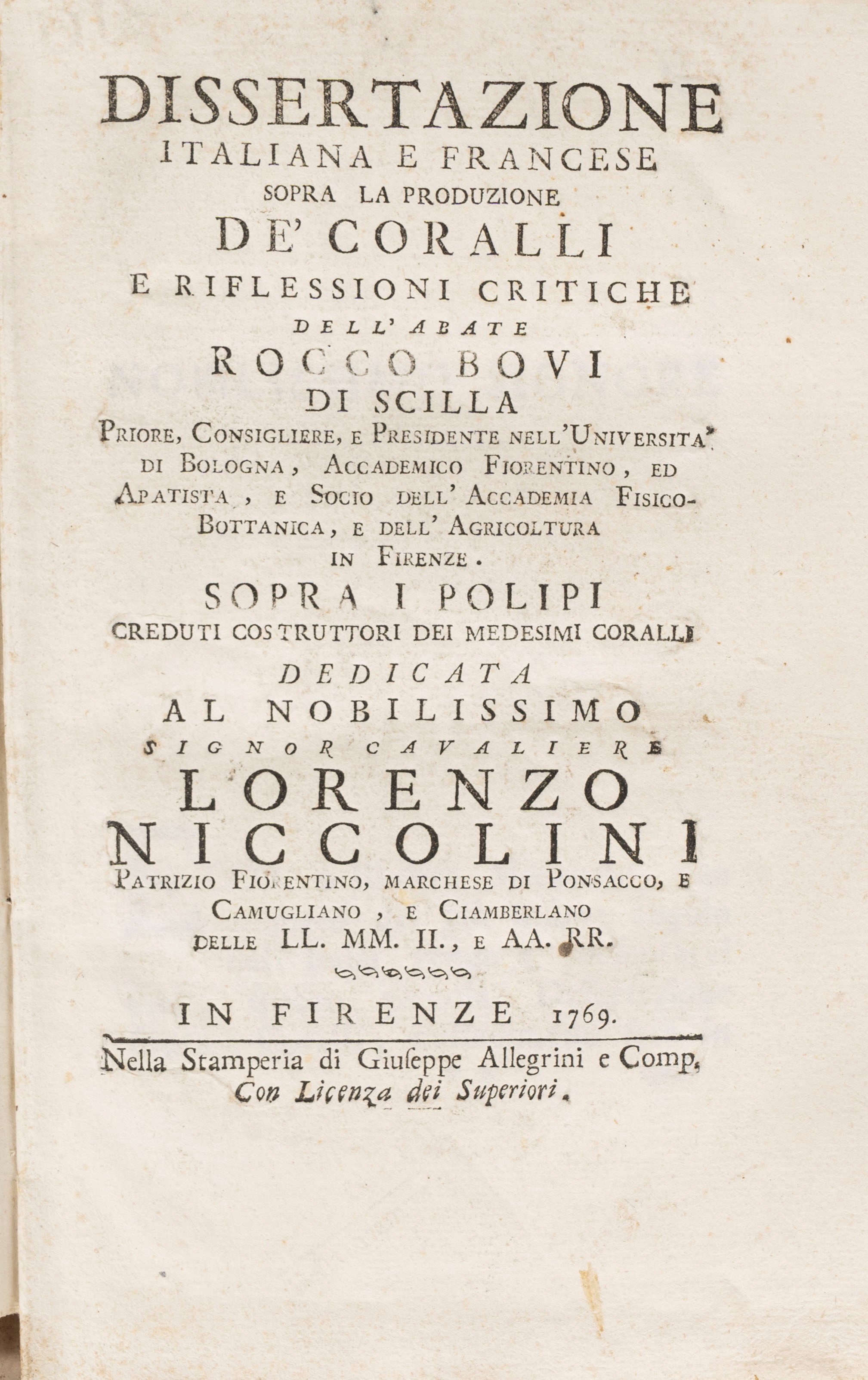 Rocco Bovi Dissertazione italiana e francese sopra la produzione