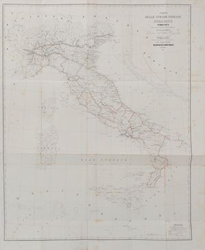 Map of Italian railways. Published by Mr. Cesare Firrao and executed in lithography by Mr. Bruno Colao by order of the Department of Public Works.