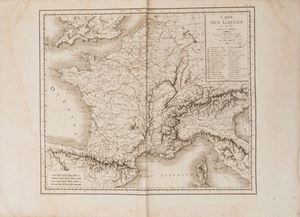 Map of Gaules with the names ancient and modern. Copper engraving by P. E. Tardieu based on a drawing by Pierre Lapie.