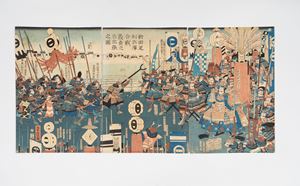 Lotto composto da un trittico di xilografie raffigurante battaglia di samurai, Giappone, periodo Edo