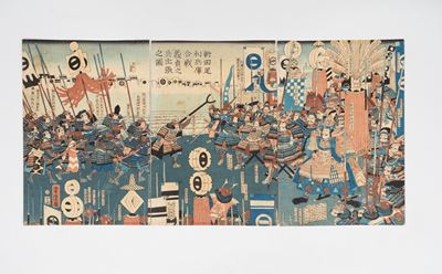 Lotto Composto da un Trittico di Xilografie Raffigurante Battaglia di Samurai, Giappone, Periodo ...