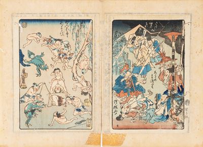 Due Xilografie di Kawanabe Kyōsai dalla Serie "one Hundred Pictures By Kyōsai", Giappone Periodo ...