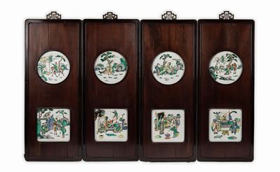 Cina, Dinastia Qing, Quattro pannelli in legno e porcellana, XIX secolo