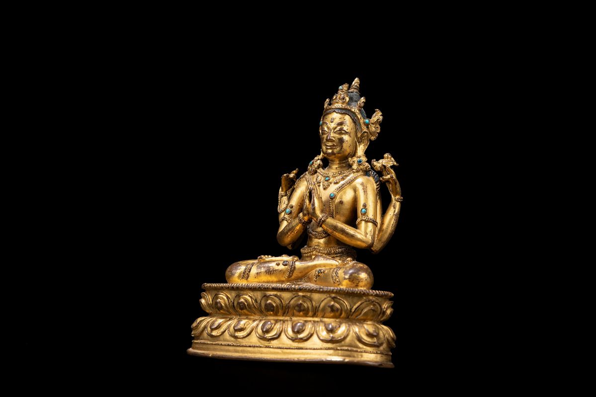 Bodhisattva Avalokitesvara, Figura in Bronzo Dorato, Tibet XVII / XVIII secolo