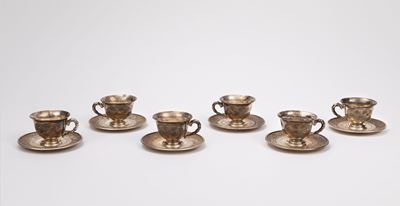 Set di sei piattini e tazzine in argento, Vietnam, inizio XX secolo