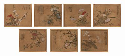 Cina, dinastia Qing, Sette dipinti su seta con fiori