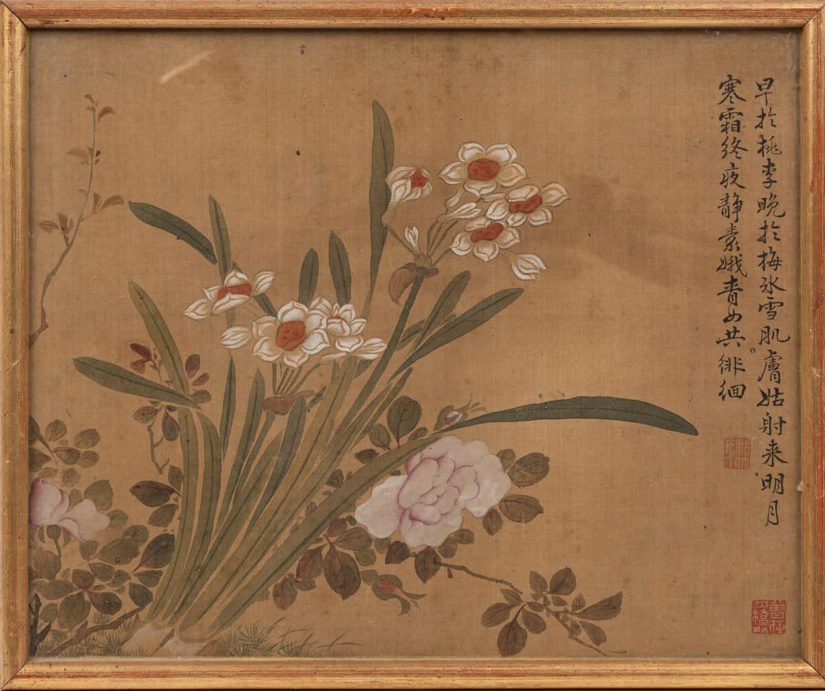 Cina, dinastia Qing, Sette dipinti su seta con fiori
