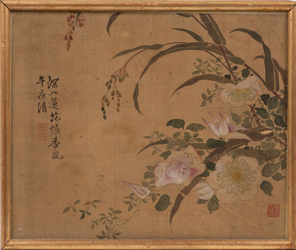 Cina, dinastia Qing, Sette dipinti su seta con fiori
