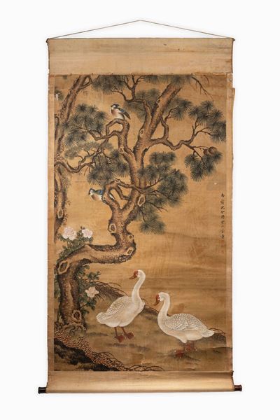 Cina, dinastia Qing, Dipinto su carta con due anatre e due uccelli tra fiori