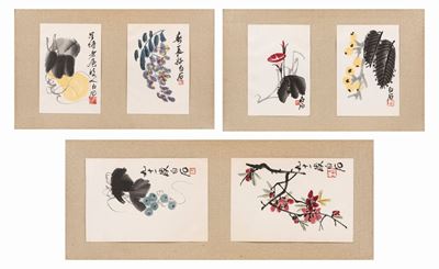 Pannello decorativo cinese del XX secolo, Lotto di tre pannelli con stampe di Qi Baishi