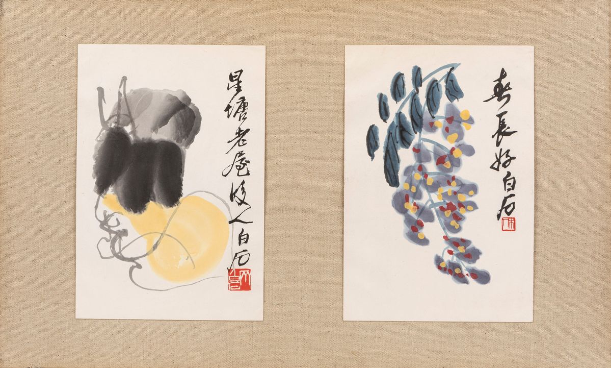 Pannello decorativo cinese del XX secolo, Lotto di tre pannelli con stampe di Qi Baishi