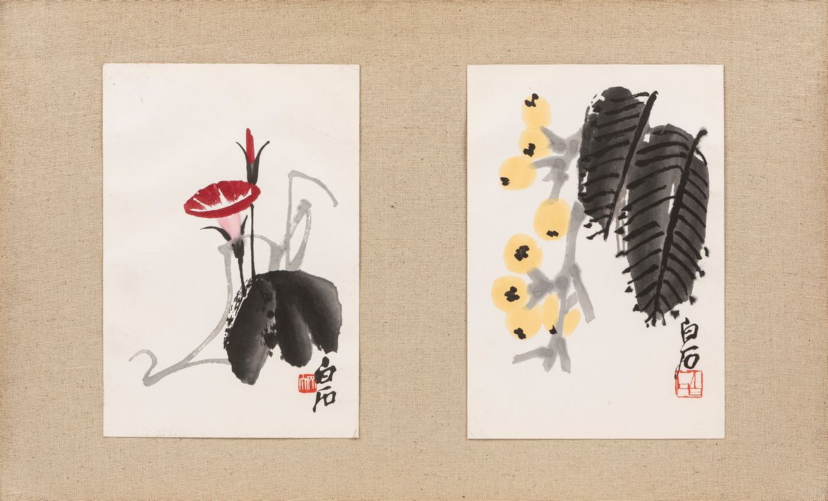 Pannello decorativo cinese del XX secolo, Lotto di tre pannelli con stampe di Qi Baishi