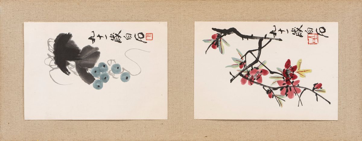 Pannello decorativo cinese del XX secolo, Lotto di tre pannelli con stampe di Qi Baishi