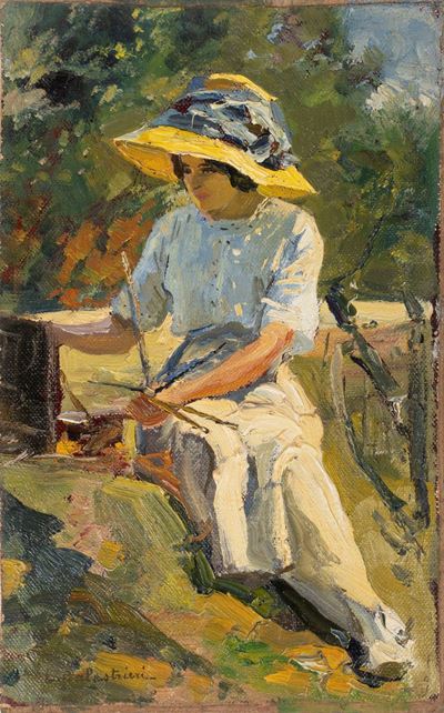 Studio di figurina che dipinge, olio su tela riportata su cartone