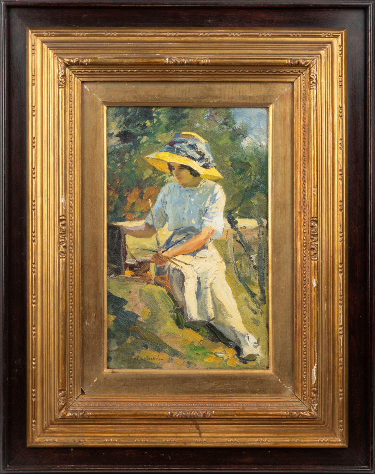 Lionello Balestrieri - Studio di figurina che dipinge, olio su tela riportata su cartone