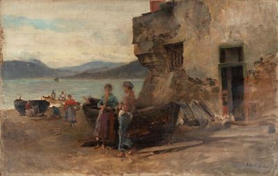 Vita presso l'antico borgo marinaro, olio su tela