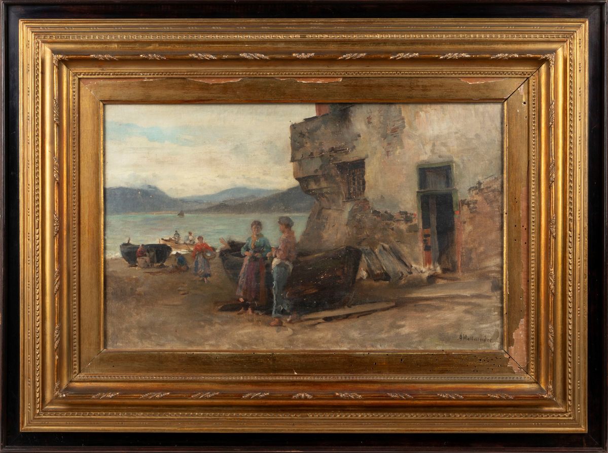 Alfonso Hollaender - Vita presso l'antico borgo marinaro, olio su tela