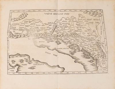 Tolomeo, Europae tabula quinta continent Rhetiam & Vindeliciam, Pannoniam superiorem, Pannonia in...