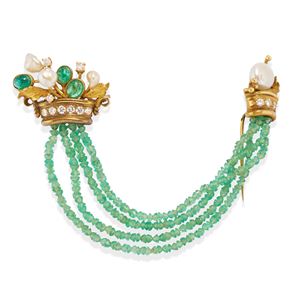Emerald and pearl brooch