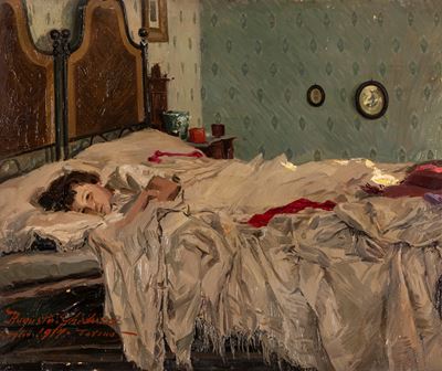 A letto, olio su cartone, 1917