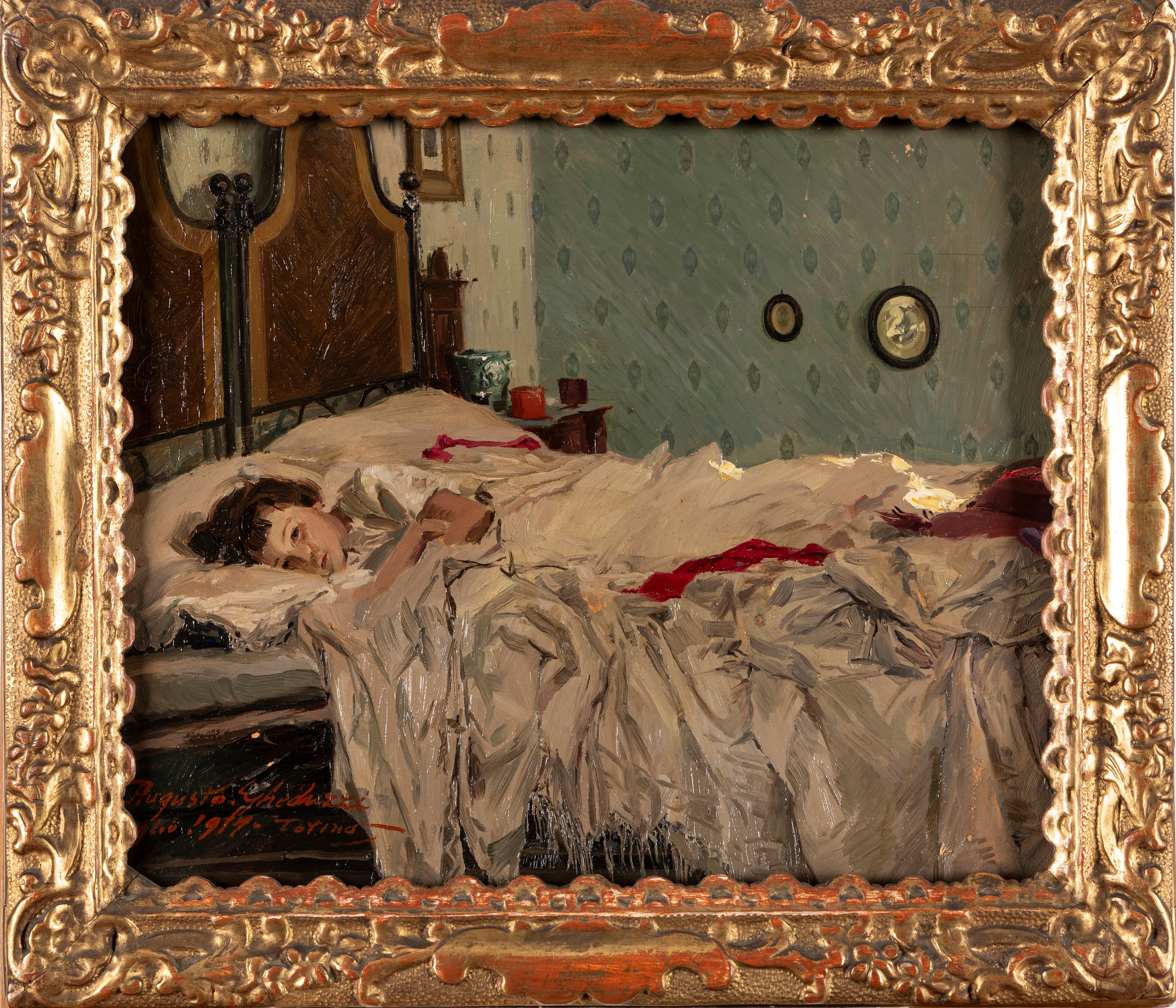 Augusto Gheduzzi - A letto, olio su cartone, 1917