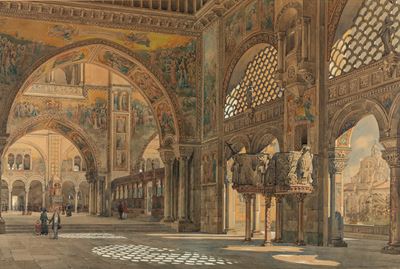 Interno di basilica, acquerello su carta