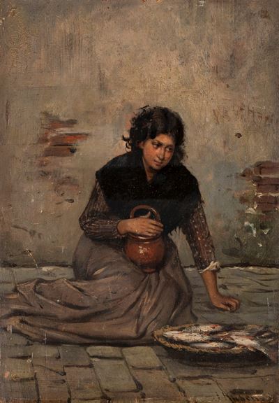 Pescivendola, olio su tavola