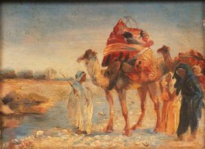 Scuola europea fine del XIX secolo - Orientalist landscape with Bedouins and camels