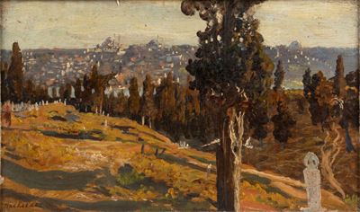 Cimitero a Istanbul, olio su cartoncino riportato su tela