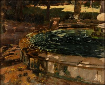 Roma, fontana a Villa Borghese, olio su cartone