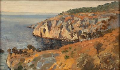 La costa presso Sorrento, olio su cartone