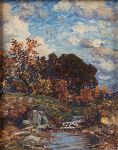 Ruscello in autunno, olio su cartone