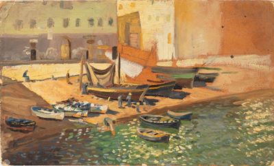 Veduta di un porticciolo, olio su cartone