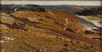 Colline lungo il fiume, olio su cartoncino riportato su tela
