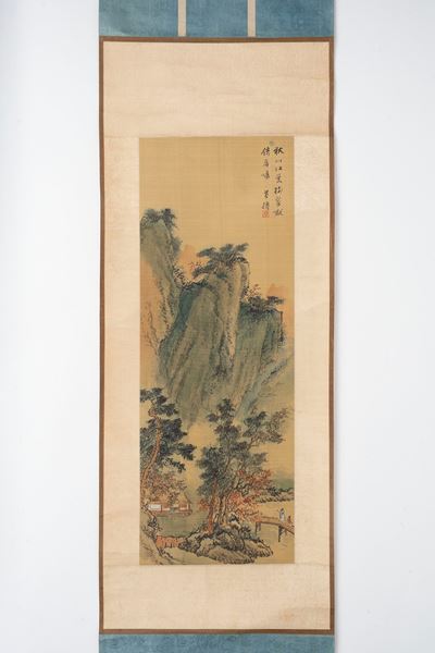 Tre Scroll Raffiguranti Paesaggi Montani con Case, Cina, Secolo XX