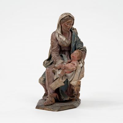 Figura da Presepe in Cartapesta, Tela e Legno di Tiglio Dipinto, Raffigurante Madonna Col Bambino...