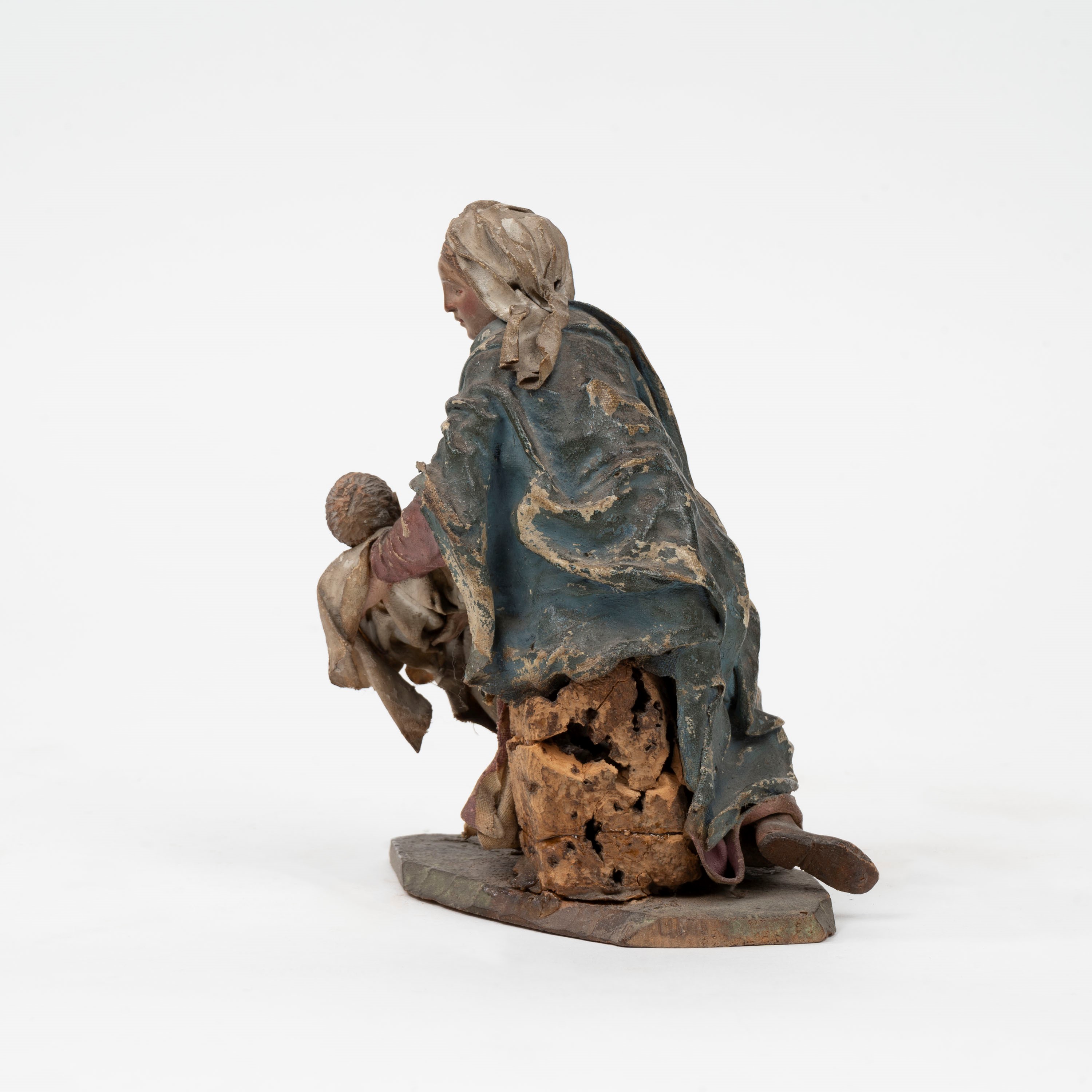 Figura da Presepe in Cartapesta, Tela e Legno di Tiglio Dipinto, Raffigurante Madonna Col Bambino...