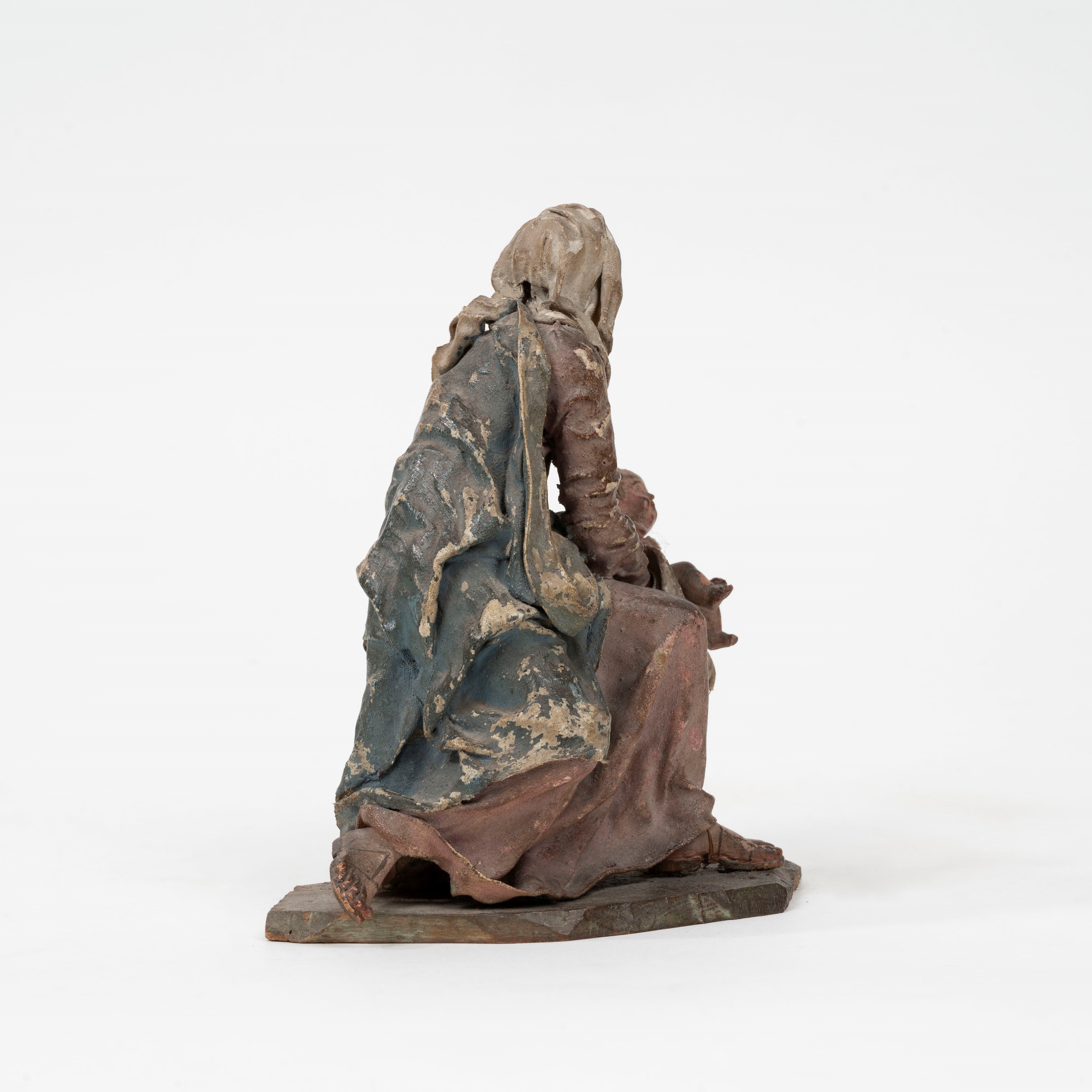 Figura da Presepe in Cartapesta, Tela e Legno di Tiglio Dipinto, Raffigurante Madonna Col Bambino...