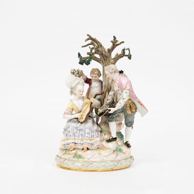 Gruppo Scultoreo in Porcellana Policroma Raffigurante Scena Galante, Manifattura di Meissen Secol...