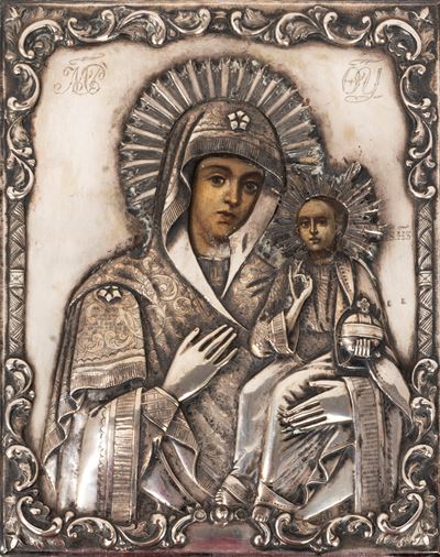 Icona con Riza in Argento Raffigurante Madonna con Bambino, Austria Secolo XIX
